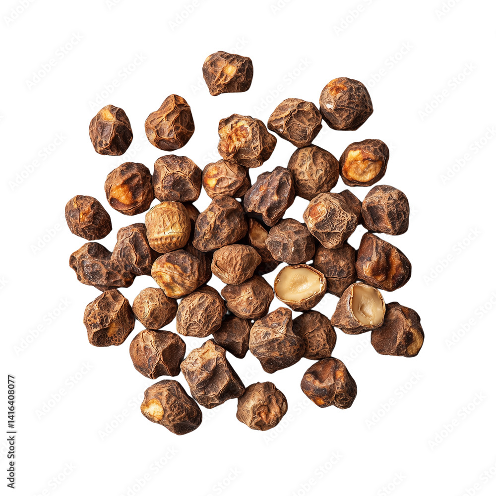 Poster a collection of small, textured tiger nuts arranged in a scattered formation isolated on white backg
