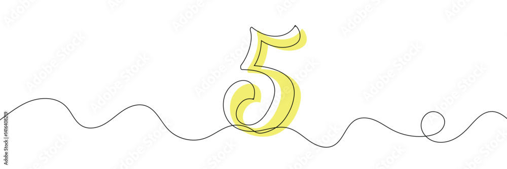 Aufkleber number 5 in continuous line drawing style. line art of number nine. vector illustration. abstract dr