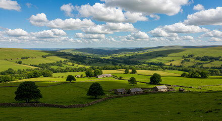 Lush Green Rolling Hills and Fields Under a Blue Sky in Peak District