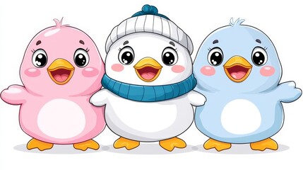 Fototapeta premium Three delightful cartoon penguin characters standing together creating a joyful atmosphere that's perfect for kid's book illustrations
