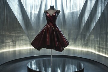 A modern asymmetrical leather dress in deep burgundy, presented on a rotating glass platform in a contemporary fashion exhibit, created by ai