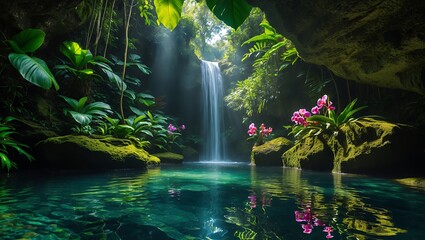 Fototapeta premium Waterfall in tropical jungle with clear pond and pink flower