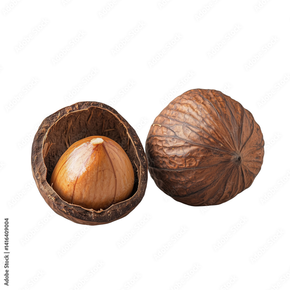 Poster a close-up of a hazelnut, one with its shell partially removed, revealing the nut inside, set isolat