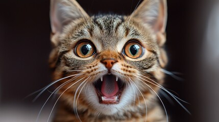 Close-up of a surprised striped cat with wide eyes and open mouth, indoors