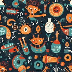 Obraz premium Whimsical Pixel Art Seamless Pattern Featuring Cartoon Creatures and Objects