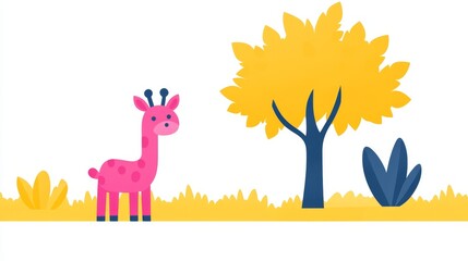 Obraz premium PixelatedGiraffeInNatureSceneRetroGamingVibesCuteCartoonishPinkGiraffeAgainstAVibrantYellowTreeAndBlueBushCreateACharming8BitInspiredDesignSuitableForVariousDigitalApplications