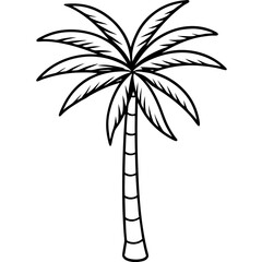 Line art vector silhouette of a palm tree, with a tall trunk and broad leaves
