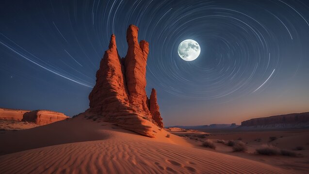 Rock formation under moon in desert with star trails