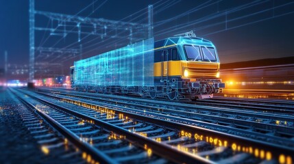 Obraz premium Futuristic train freight digital overlay night