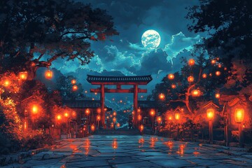 Obraz premium A night scene with lanterns near a traditional torii gate