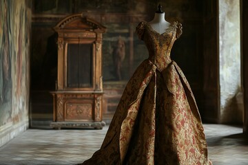 A baroque-inspired golden brocade gown with intricate patterns, displayed on an antique wooden stand in a grand hall,  created by ai