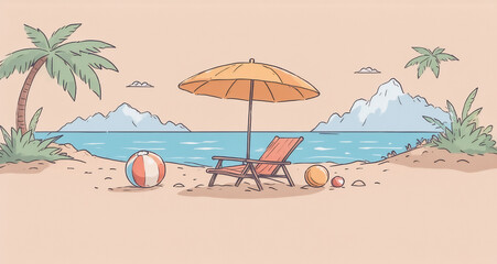 Obraz premium A seaside vacation scene. A lounge chair sits under a yellow umbrella on the sandy shore. Palm trees, mountains, and a beach ball complete this sunny, coastal vista. A second ball is also on the sand.