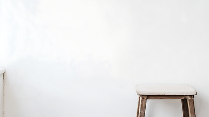 A white stool is sitting in front of a white wall