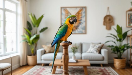 Blue and yellow Macaw Parrot in Modern Home Interior