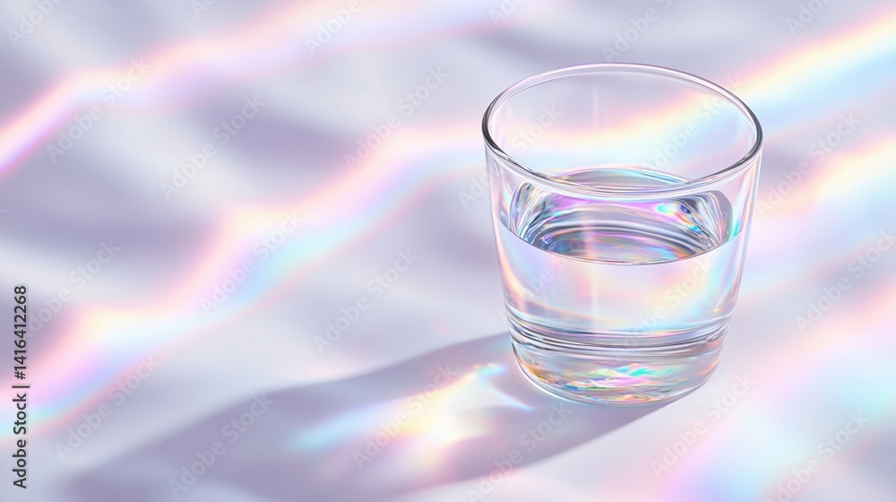 Poster a clear glass of water reflects colorful light patterns on a surface, creating an ethereal and tranq