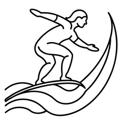 Line art vector silhouette of a person surfing on a wave