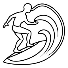 Line art vector silhouette of a person surfing on a wave