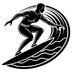 Line art vector silhouette of a person surfing on a wave