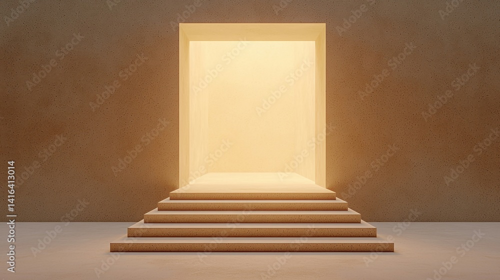 Poster a minimalist scene featuring a glowing doorway framed by textured walls and steps, creating an invit