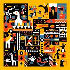 Vibrant Abstract Collage with Geometric Shapes and Colorful Animals