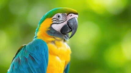 Vibrant parrot portrait against a blurred green backdrop.  Close-up view of a large parrot's head and upper body, showcasing vivid yellow and blue plumage.  Distinct beak and eye detail