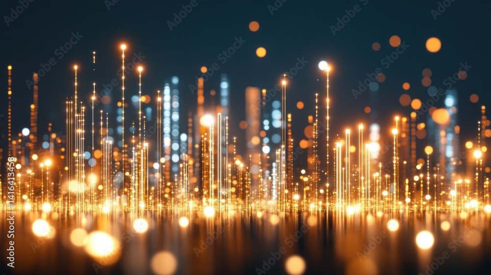 Poster glowing lines and lights creating an abstract and futuristic cityscape view