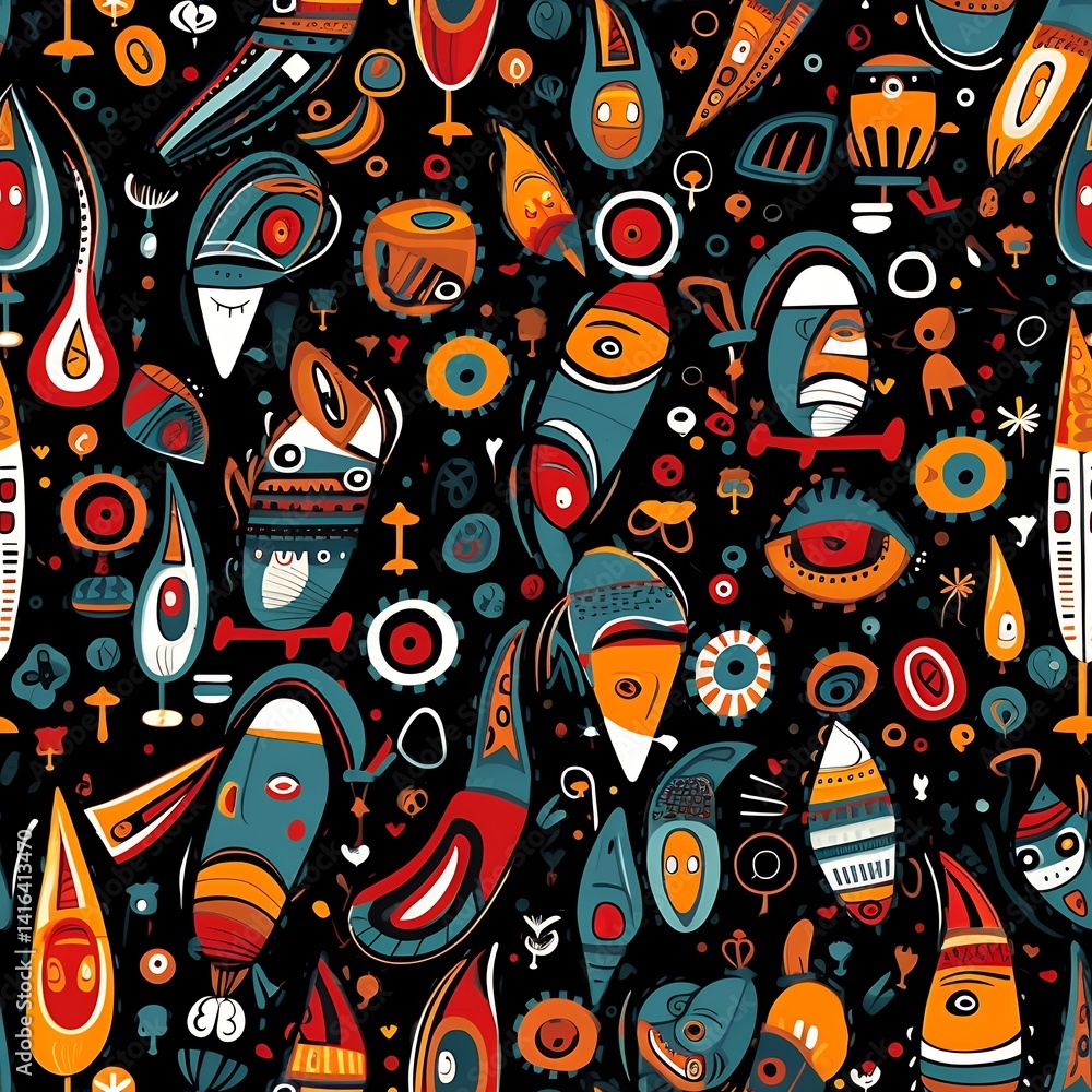 Poster Vibrant Abstract Seamless Pattern with Colorful Geometric Shapes and Playful Characters on Dark Background