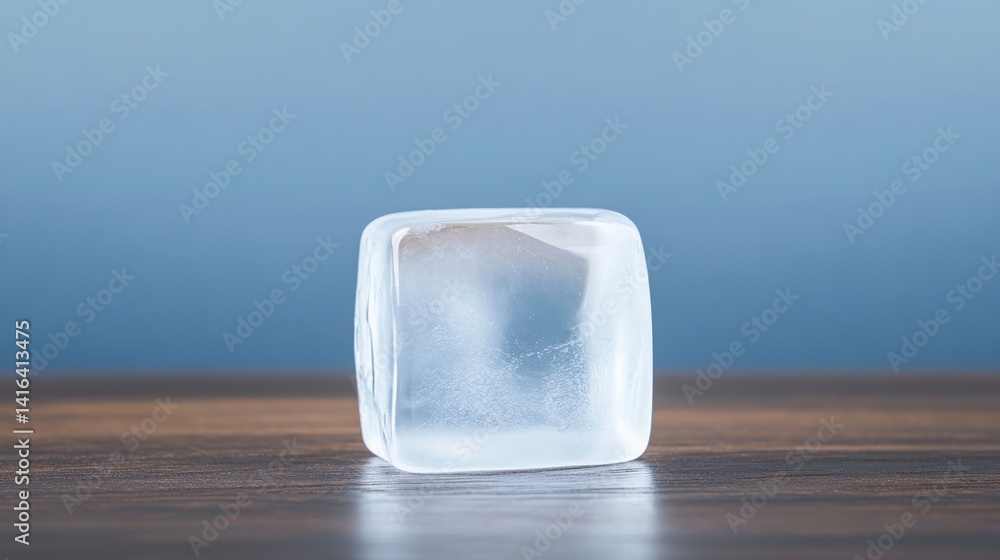 Poster a clear ice cube sits on a wooden surface, illuminated softly against a gradient blue background, hi