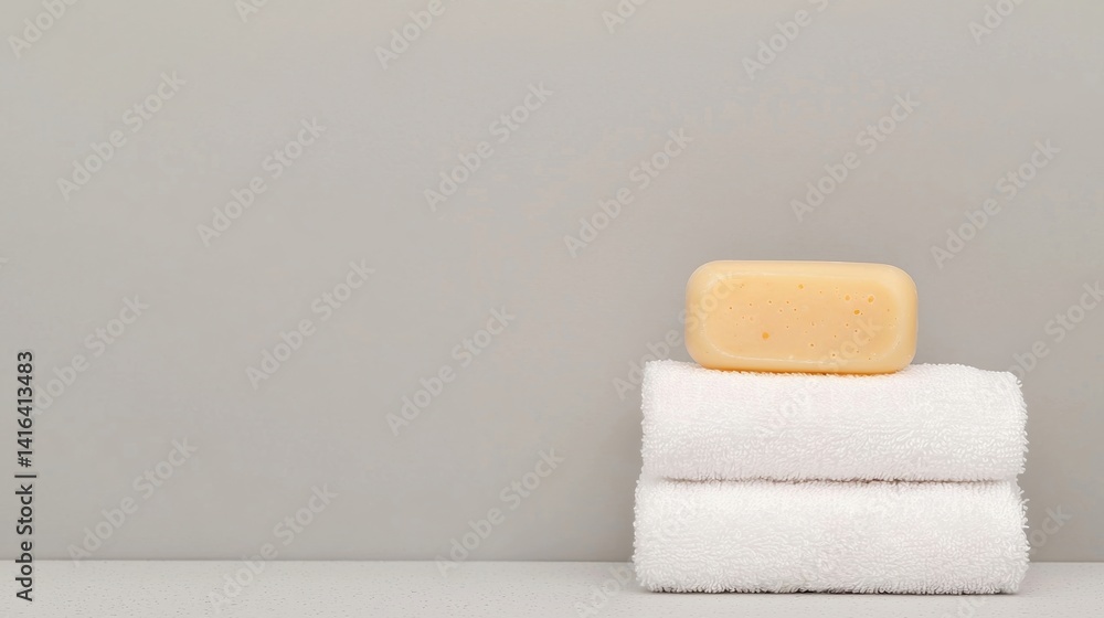 Poster a minimalist arrangement featuring a bar of soap on top of two neatly stacked white towels against a