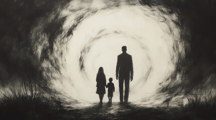 Fototapeta premium Emotional charcoal drawing of a man, woman, and child disappearing into circular echoes, artistic concept of memory, time, and love