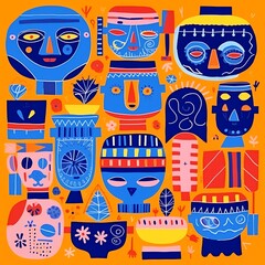 Vibrant Colorful Abstract Faces Geometric Pattern Orange Background Modern Digital Art