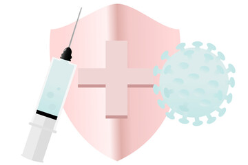 Medical Vaccine Syringe  and Virus also Shield with Cross as the background, symbolizing immunity or Disease Prevention Illustration