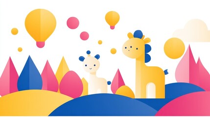 Obraz premium Whimsical animal illustration for children's content featuring giraffe and llama in a fantasy pastel landscape with playful balloons art