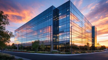 Fototapeta premium Modern glass office building at sunset.