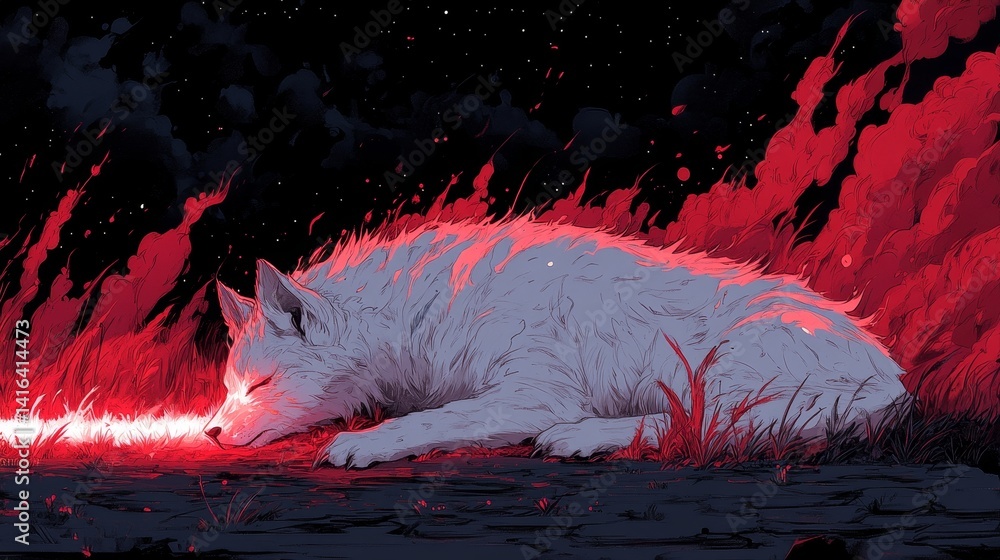 Aufkleber mystical white wolf resting under a night sky illuminated by fiery red light creating a surreal and 