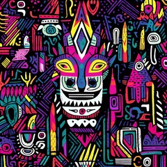 Obraz premium Vibrant Colorful Tribal Mask Pixel Art Geometric Pattern