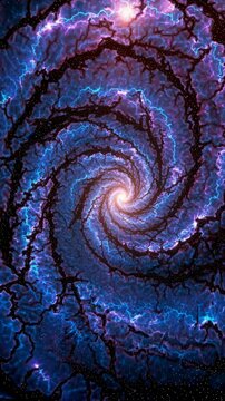 A mesmerizing spiral galaxy with glowing blue and purple hues, captured from a top-down angle, resembling a cosmic video game scene. Live mobile wallpaper.
