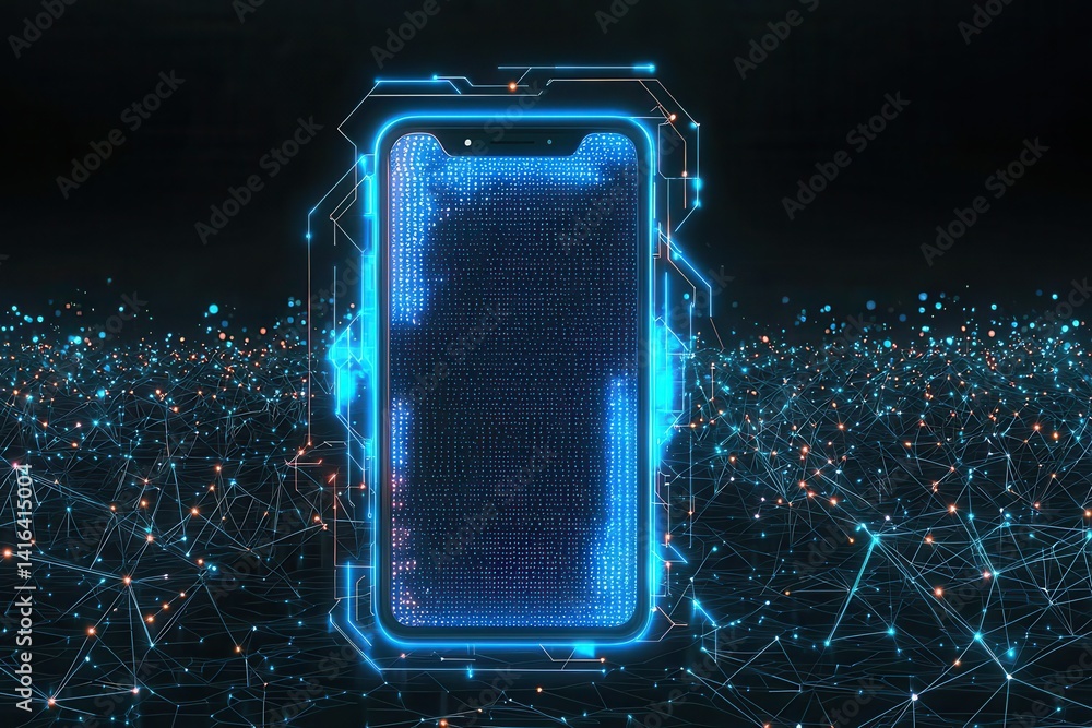 Poster a futuristic smartphone is surrounded by glowing digital connections, representing advanced technolo