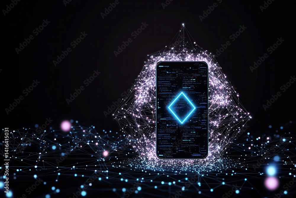 Poster a glowing smartphone surrounded by a network of light particles, symbolizing technology and digital 