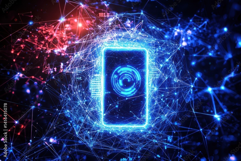 Poster a futuristic digital design featuring glowing lines and a central device, symbolizing connectivity a