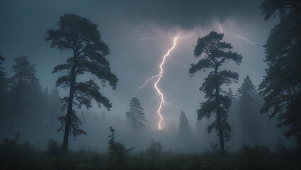 Lightning Strike Over Forest Trees on a Dark Night
