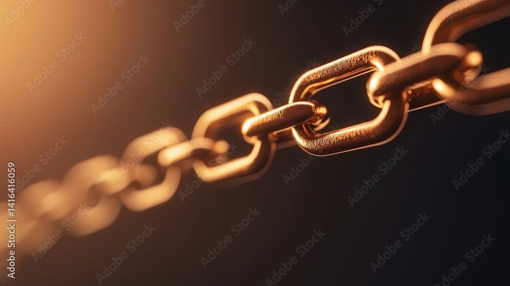 Poster a close-up image of a shiny, metallic chain link, beautifully illuminated to highlight its texture a