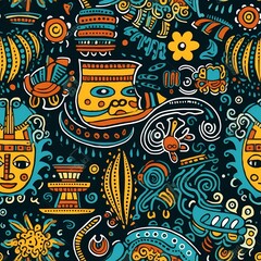 Vibrant Tribal Seamless Pattern with Geometric Shapes and Sun Faces