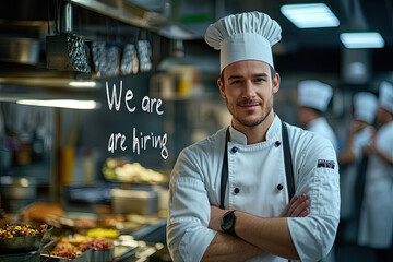 male chef with "We are hiring" text in a busy restaurant kitchen. Job opportunity.