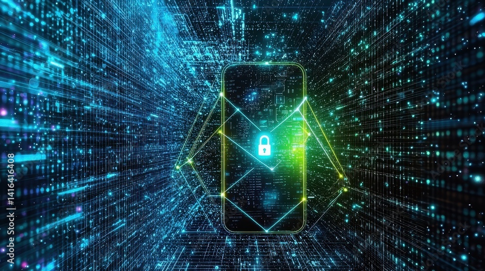 Poster a digital representation of cybersecurity with a locked smartphone surrounded by a matrix of glowing