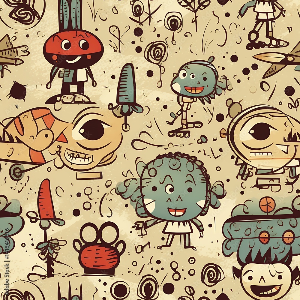 Poster whimsical cartoon character seamless pattern with playful doodles and retro style