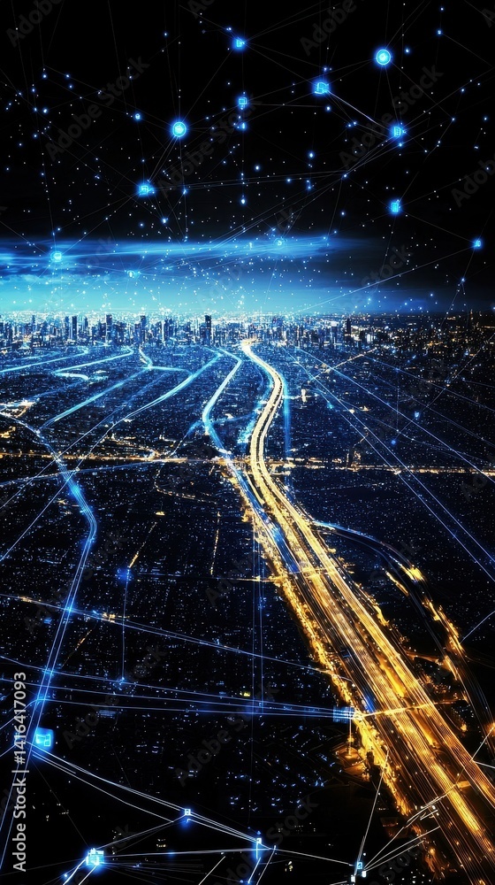 Poster a futuristic cityscape illuminated by a network of lines and lights, representing connectivity and t