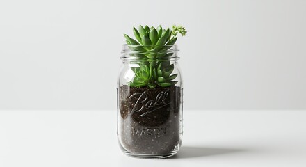 Succulent plant in a clear glass mason jar