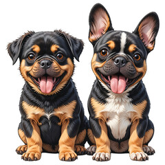 Obraz premium Rottweiler and French Bulldog Puppies Sitting Side by Side on Transparent Background