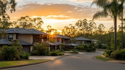 Golden Sunset Over Upscale Suburban Neighborhood